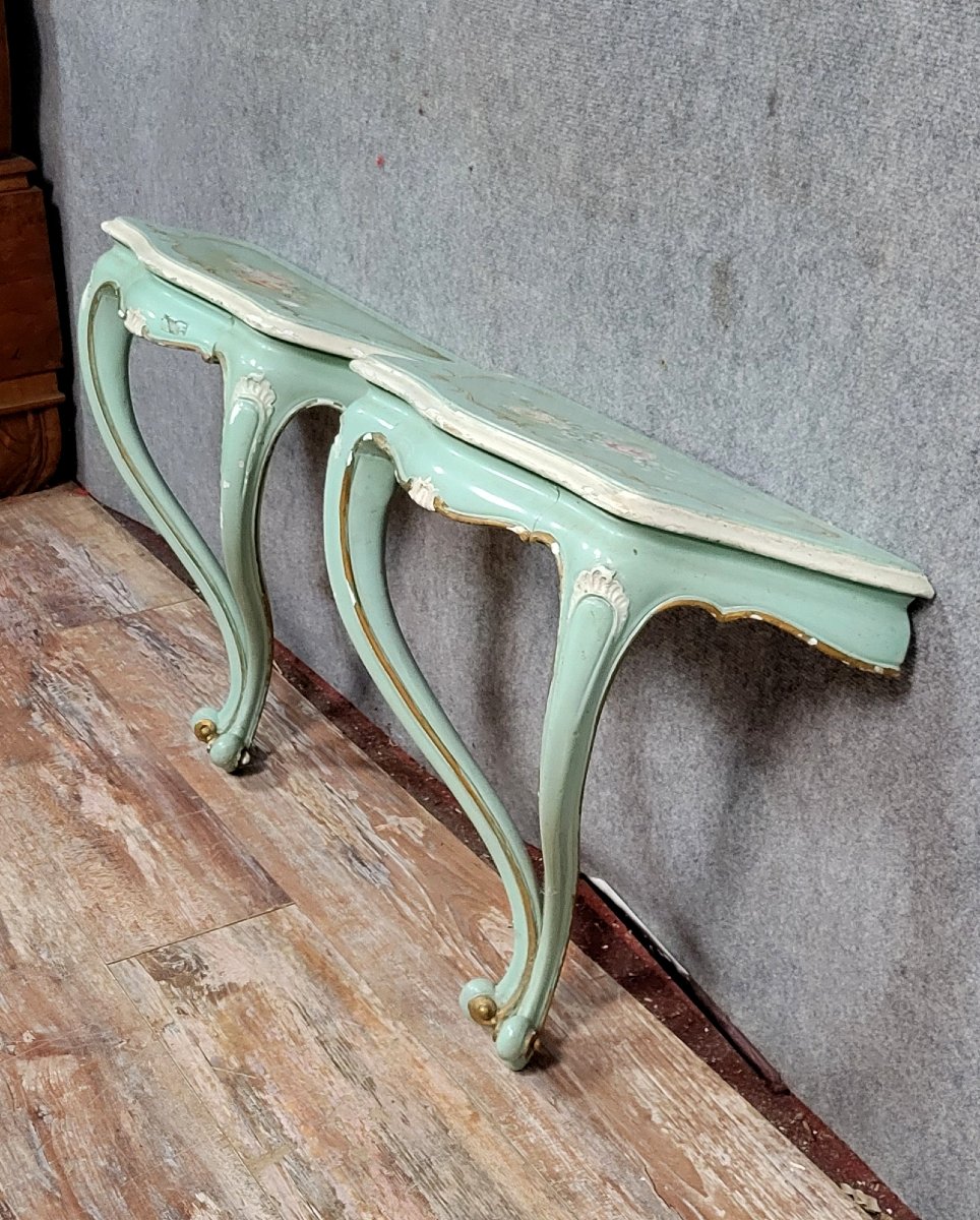 Pair Of Venetian Consoles In Louis XV Style In Painted Wood-photo-2