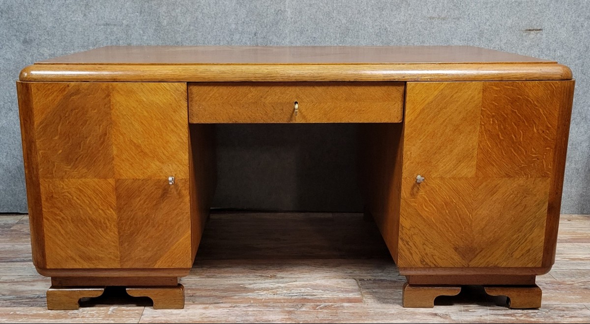 Art Deco Period Double-sided Center Desk In Oak Parquet 