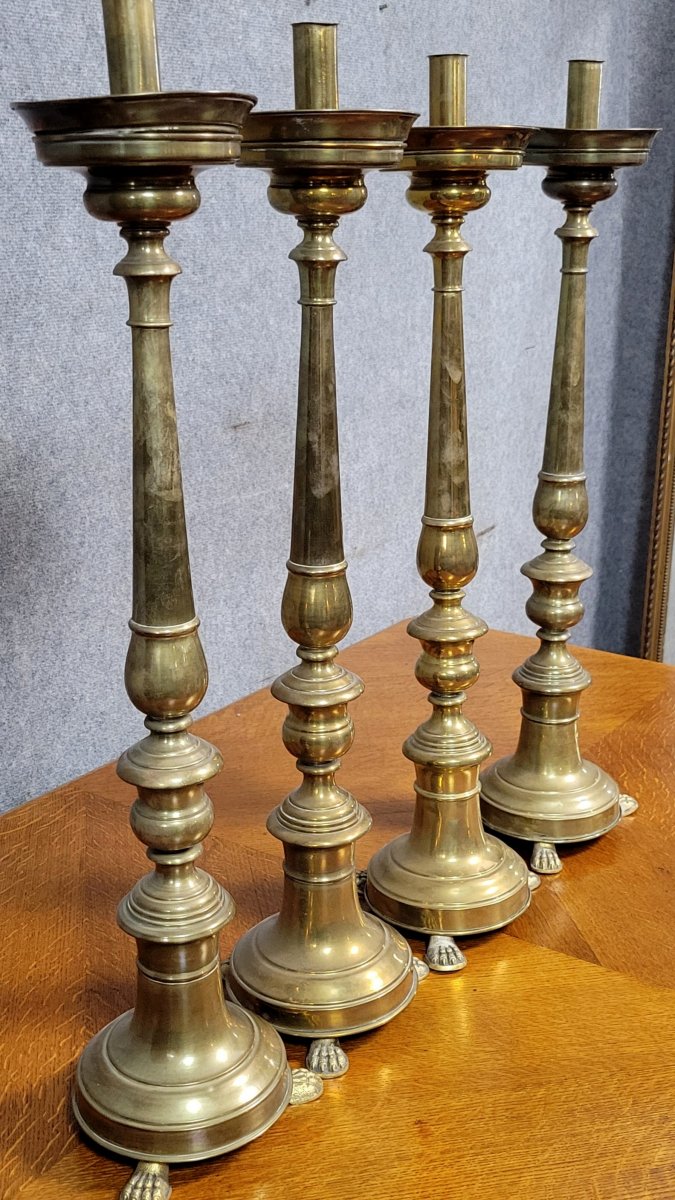 Set Of 4 Large Candlesticks In Brass And Gilded Bronze-photo-2