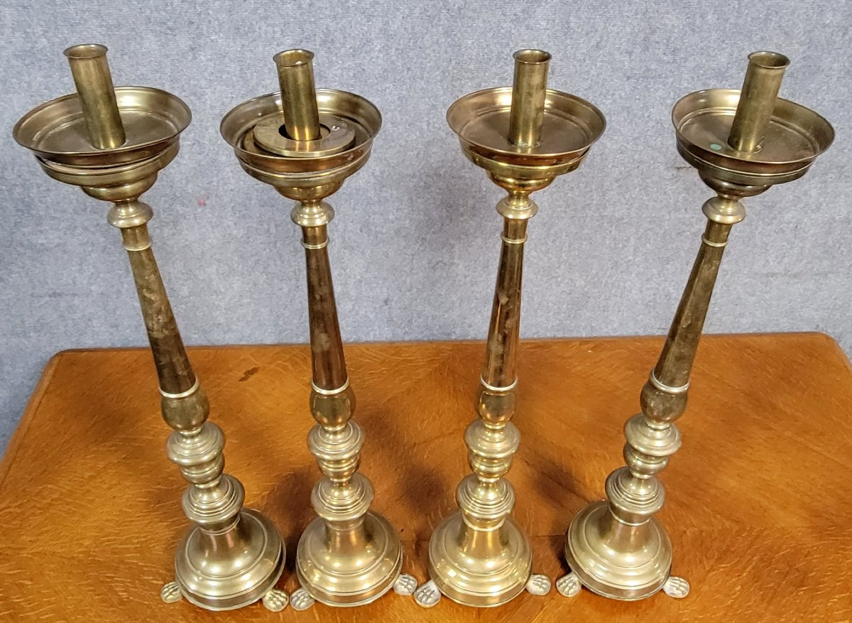 Set Of 4 Large Candlesticks In Brass And Gilded Bronze-photo-3