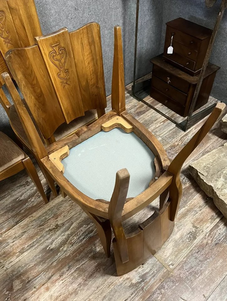 Set Of 6 Art Deco Period Walnut Chairs With Fan Backs, Circa 1930 -photo-4
