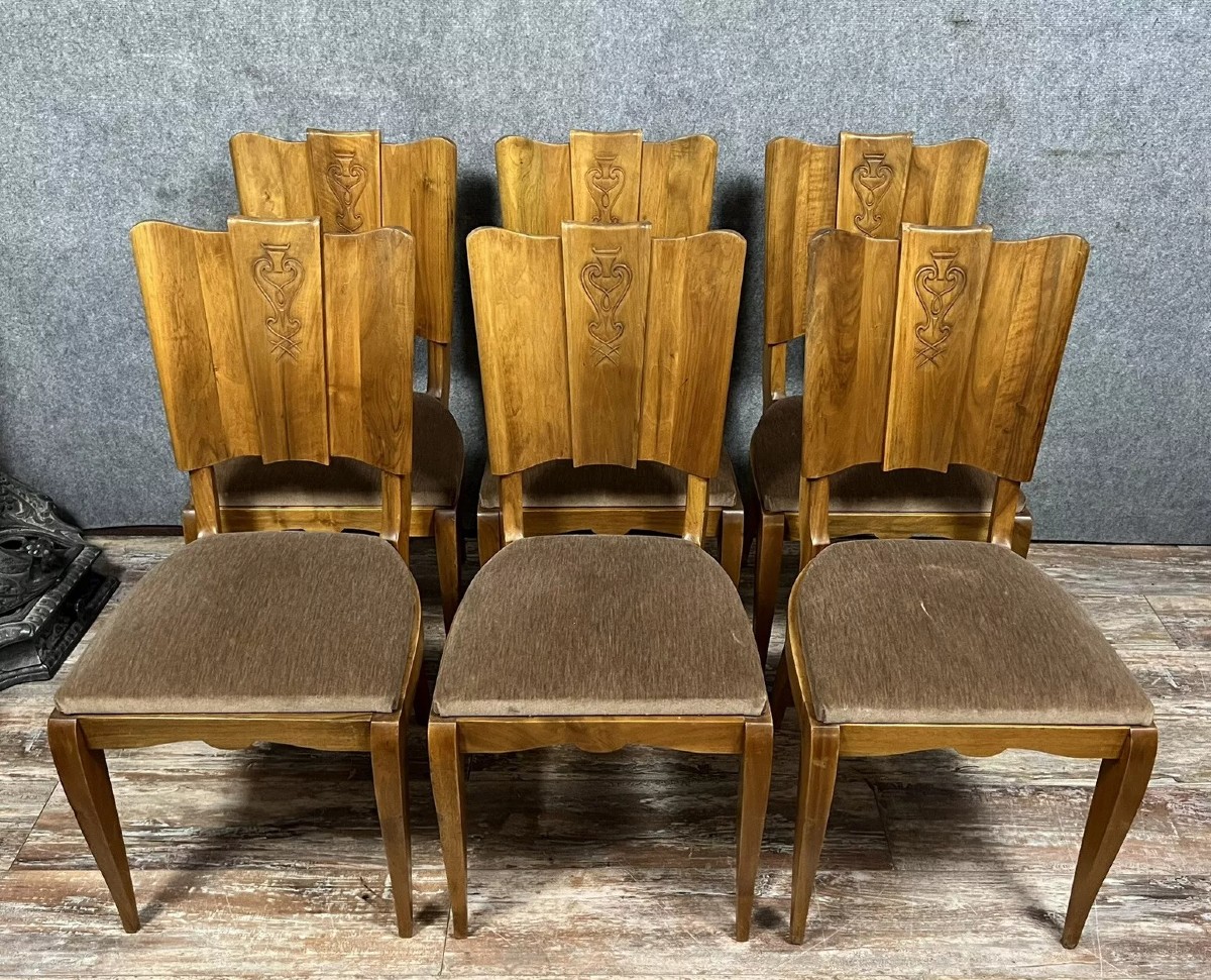Set Of 6 Art Deco Period Walnut Chairs With Fan Backs, Circa 1930 