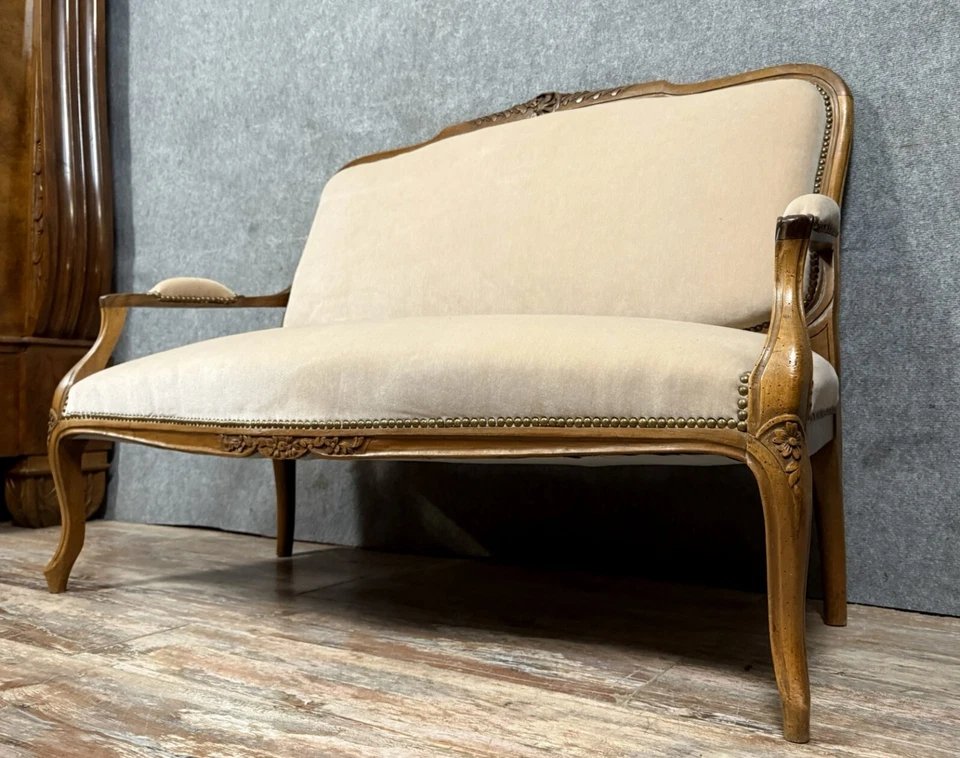 Banquette style Louis XV en bois mouluré et sculpté vers 1900-photo-2