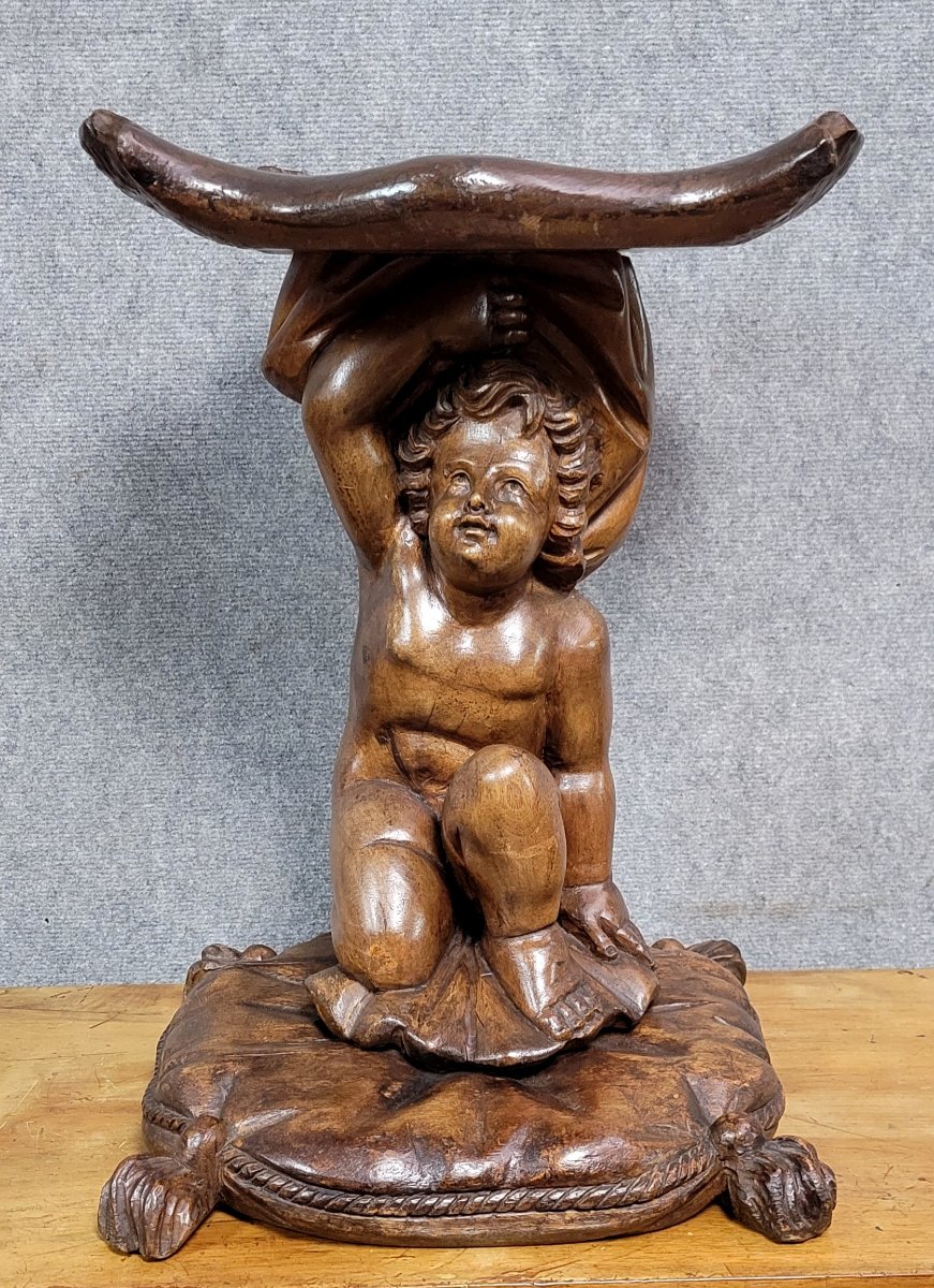 Venetian Walnut Cave Stool: Putto, Cherub, Cupid, Baroque -photo-1