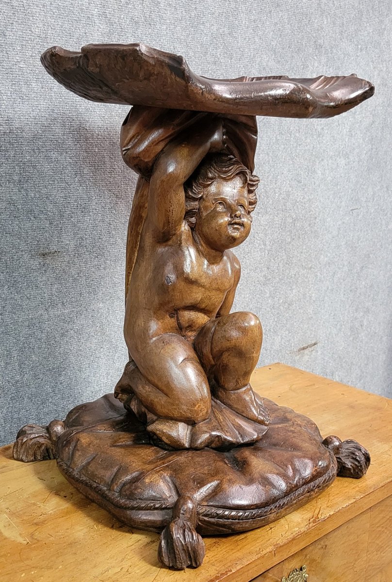 Venetian Walnut Cave Stool: Putto, Cherub, Cupid, Baroque -photo-4