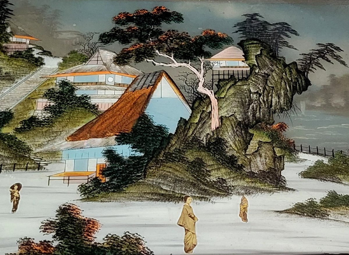 Asie époque XIXeme : fixé sous verre paysage animé  -photo-4
