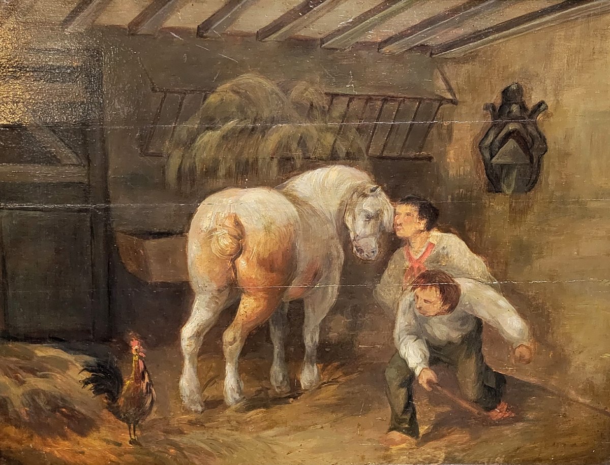 18th Century Flemish School: Oil On Panel / The Stable  -photo-4