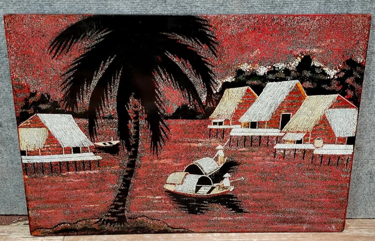 Asie XXeme : Tableau en Laque et Coquille d'Œuf  -photo-1