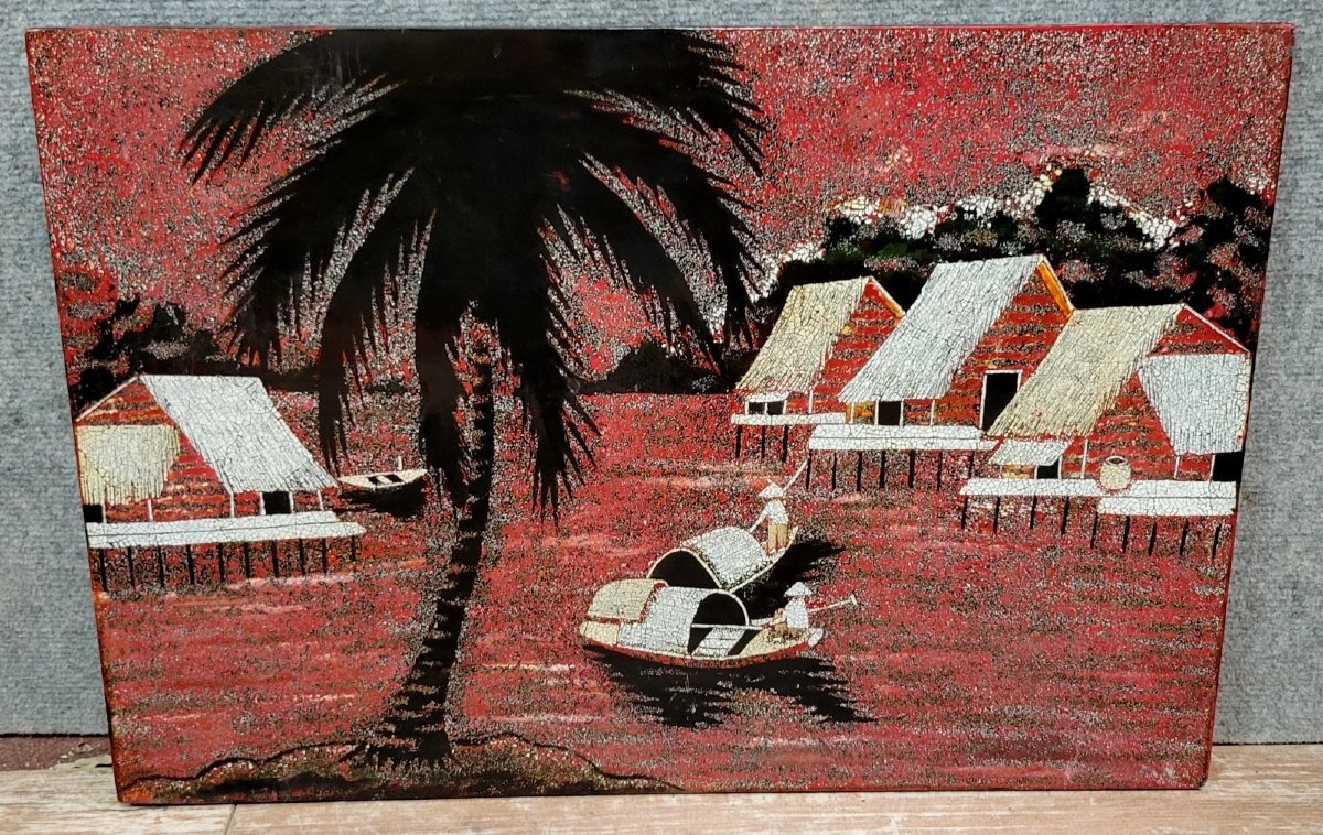 Asie XXeme : Tableau en Laque et Coquille d'Œuf  -photo-5