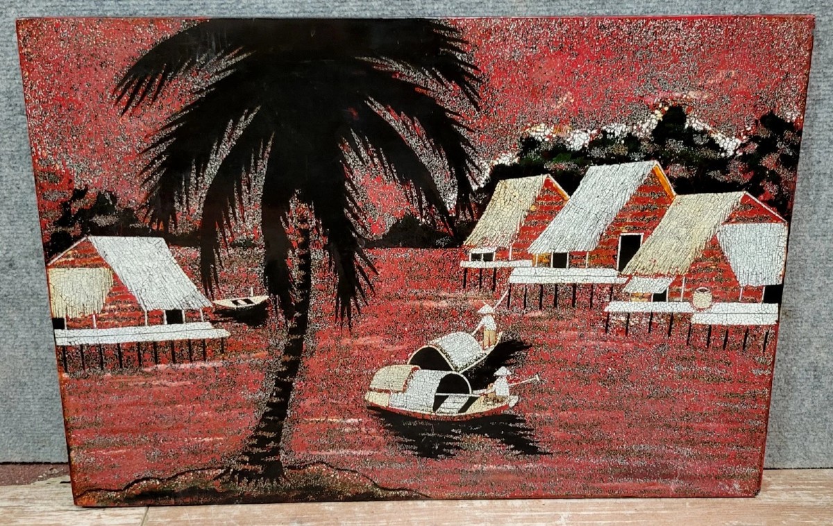 Asie XXeme : Tableau en Laque et Coquille d'Œuf  