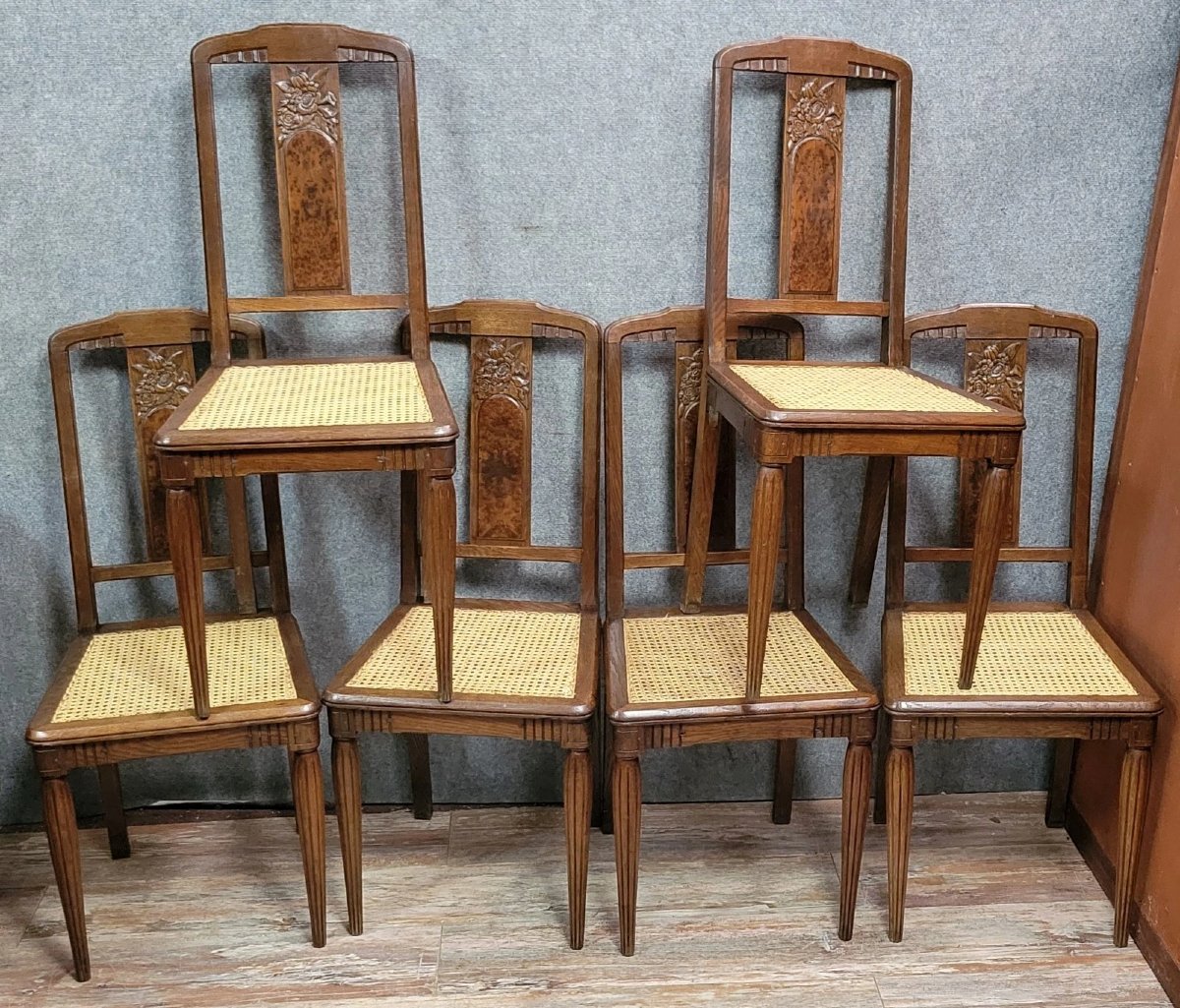 Série de 6 chaises époque Art Nouveau en acajou et Amboine -photo-1