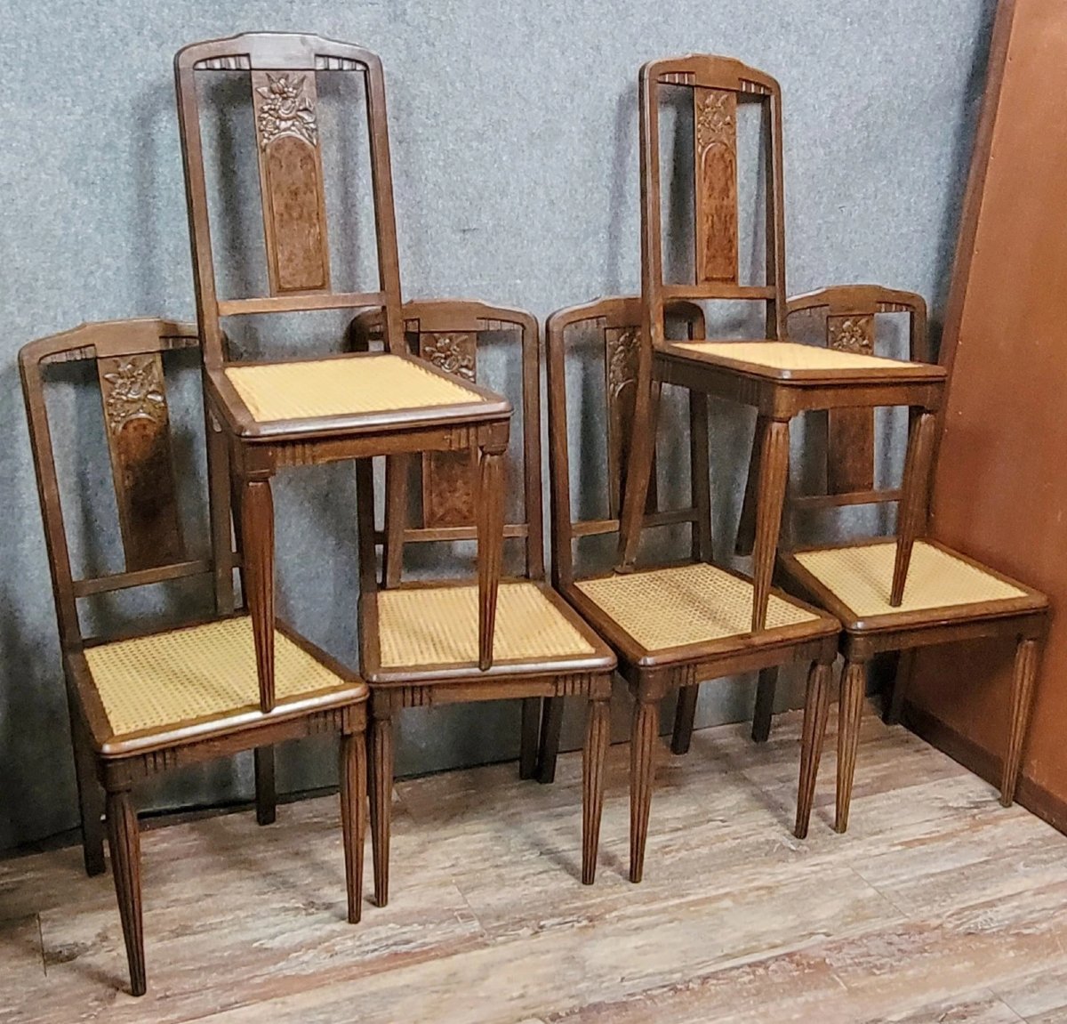 Série de 6 chaises époque Art Nouveau en acajou et Amboine -photo-2