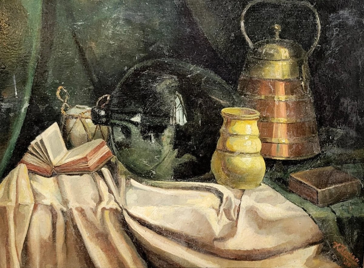 Harry Koolen : Composition aux objets / grande huile sur toile  signée et datée -photo-4