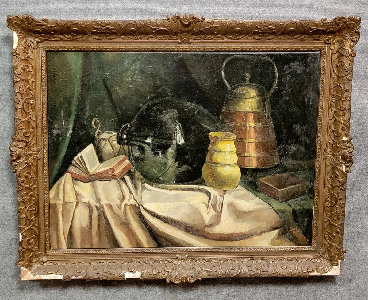 Harry Koolen : Composition aux objets / grande huile sur toile  signée et datée 
