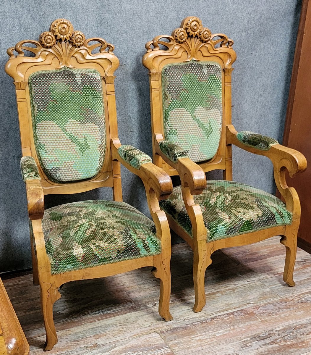 In The Spirit Of Alfonce Mucha's Forms: Rare Pair Of Art Nouveau Armchairs -photo-1