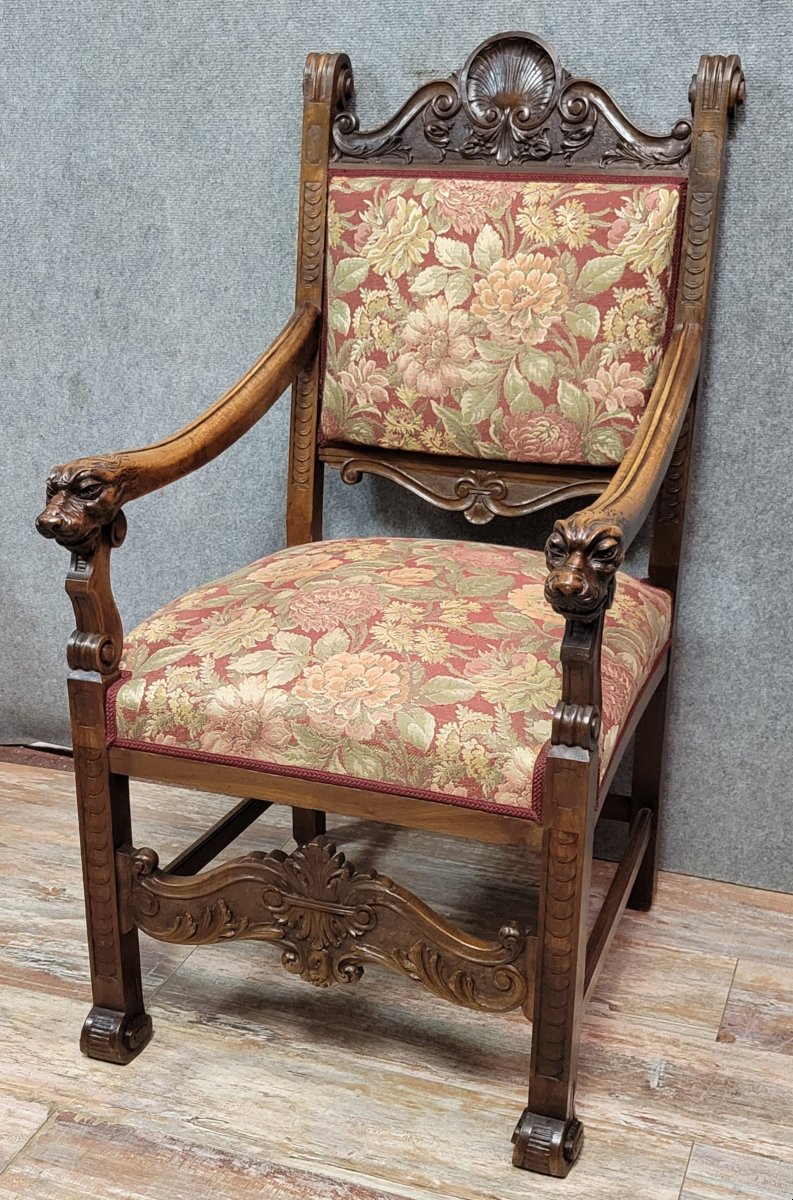 Fauteuil de bureau style Renaissance en noyer sculpté époque XIXeme -photo-2