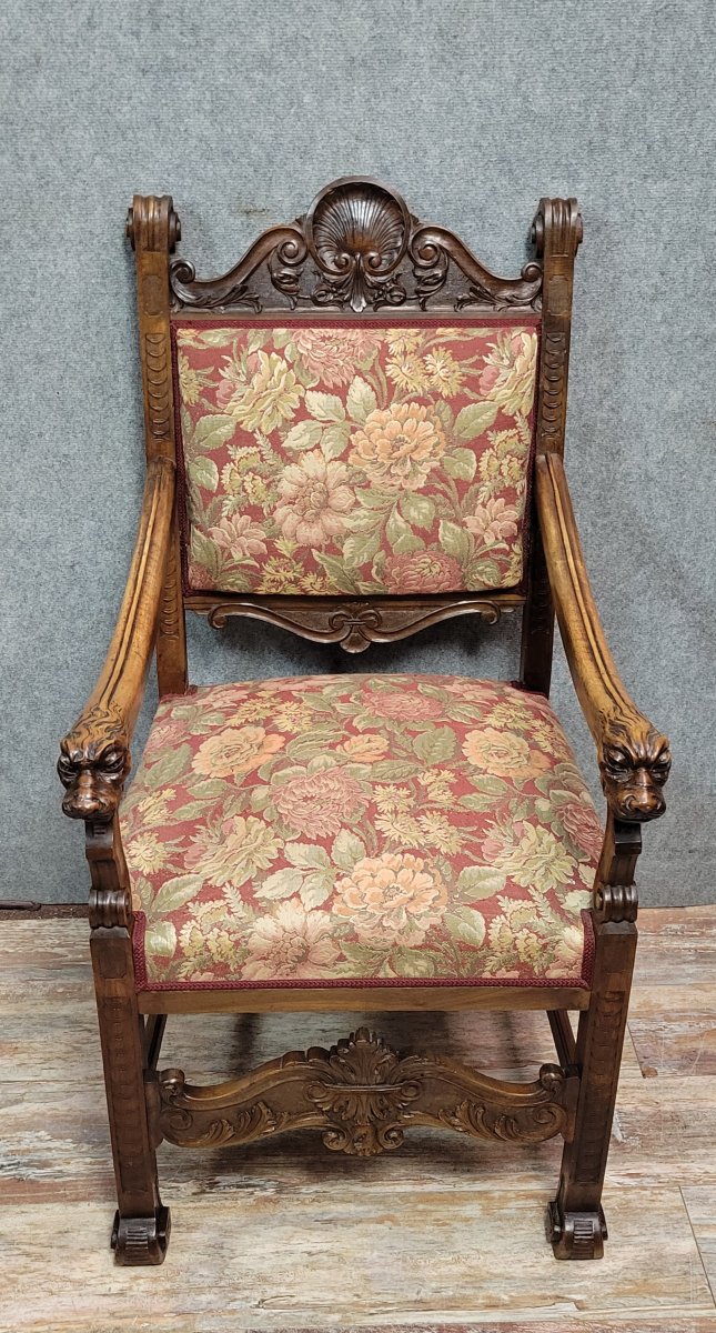 Fauteuil de bureau style Renaissance en noyer sculpté époque XIXeme -photo-3