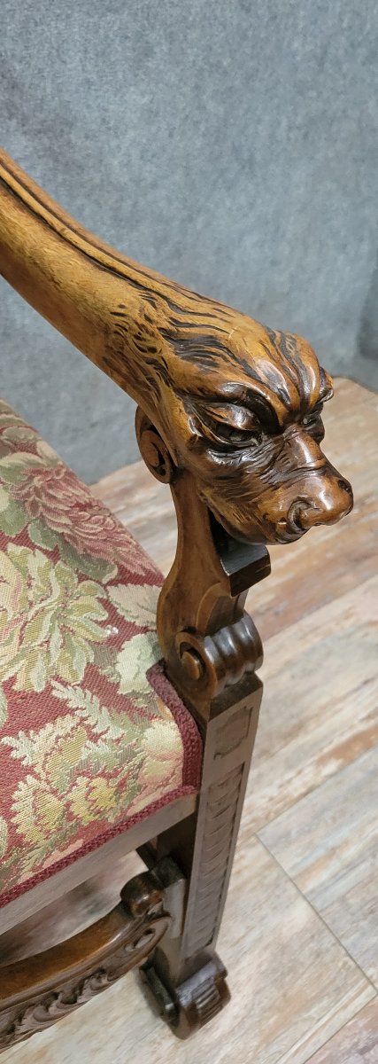 Fauteuil de bureau style Renaissance en noyer sculpté époque XIXeme -photo-7