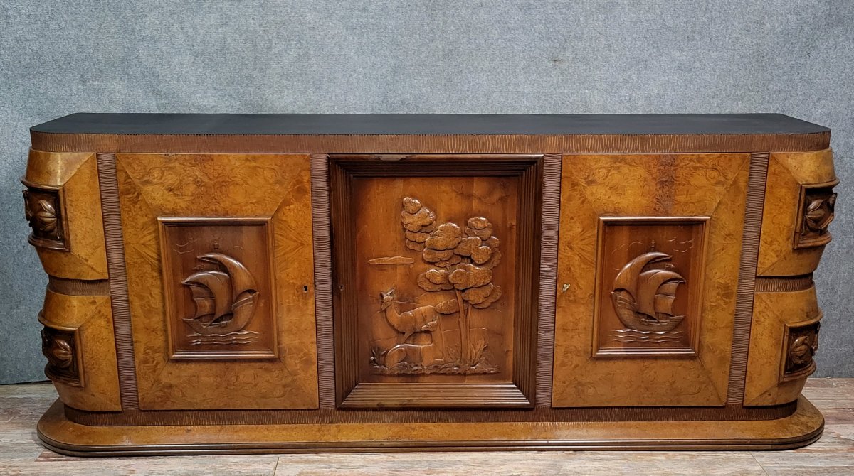 Pier Luigi Colli: Art Deco Period Sideboard In Burl And Carved Wood-photo-1