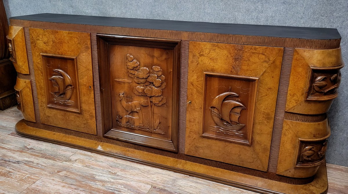 Pier Luigi Colli: Art Deco Period Sideboard In Burl And Carved Wood-photo-2