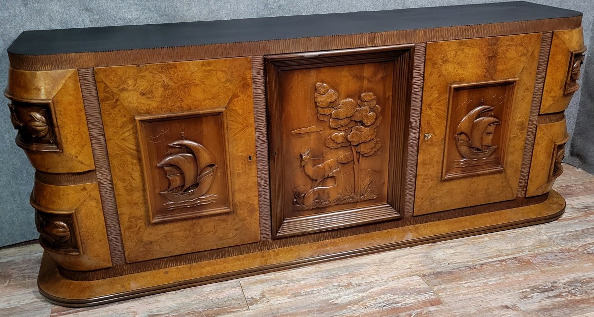 Pier Luigi Colli: Art Deco Period Sideboard In Burl And Carved Wood-photo-3