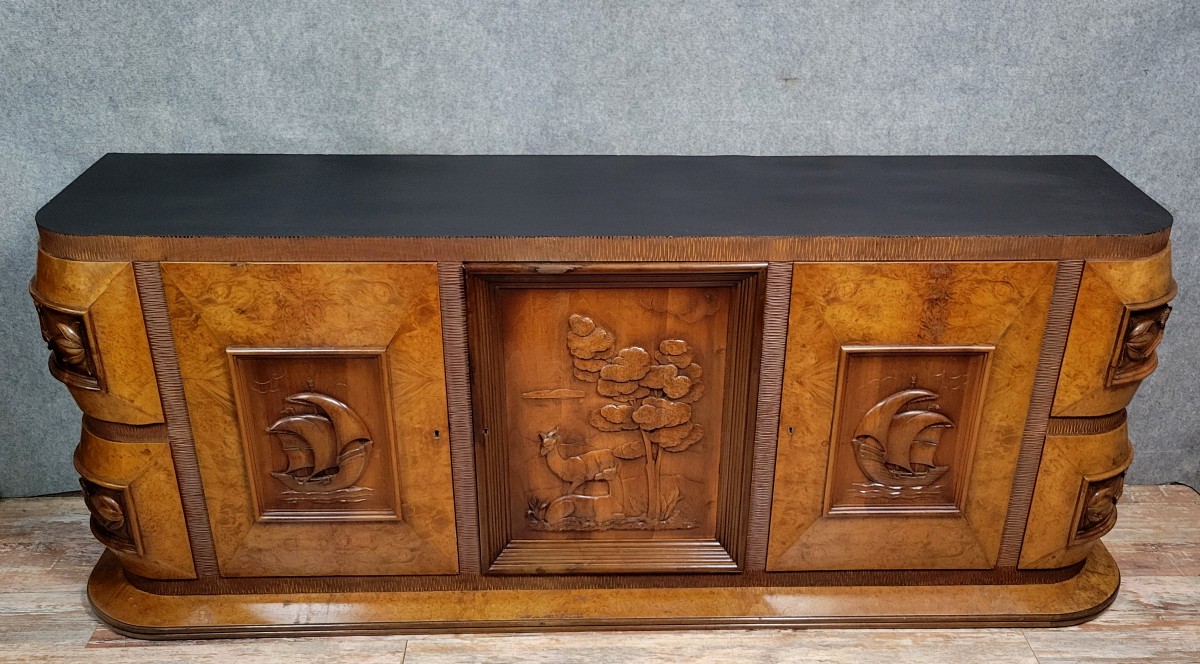 Pier Luigi Colli: Art Deco Period Sideboard In Burl And Carved Wood