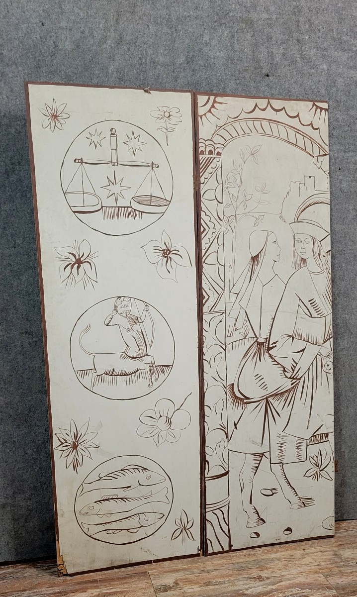 Paravent a deux feuilles figurant un personnage historique et des symboles divers...(n°2)