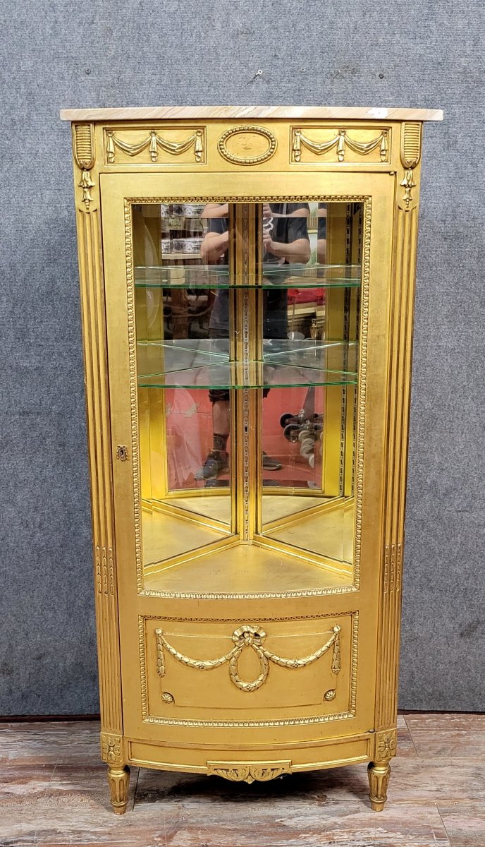 Vitrine bibliothéque d'angle style Louis XVI en bois doré-photo-1
