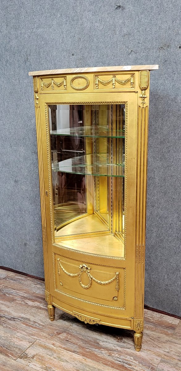 Vitrine bibliothéque d'angle style Louis XVI en bois doré-photo-2