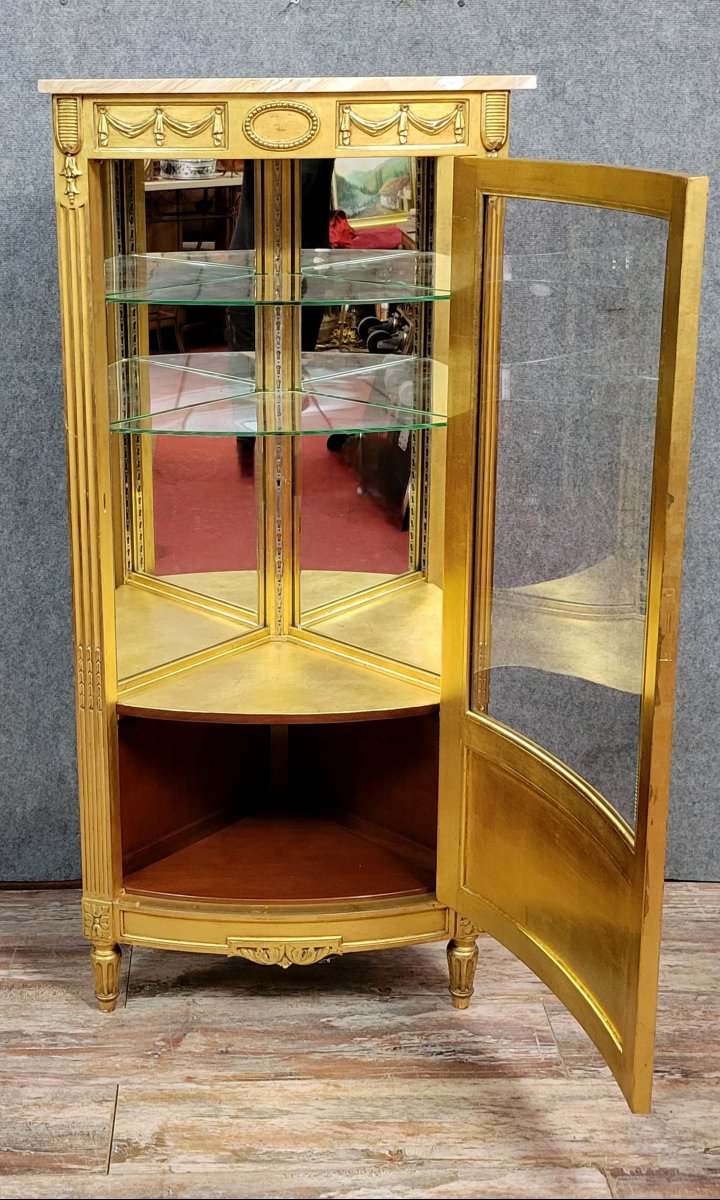 Vitrine bibliothéque d'angle style Louis XVI en bois doré-photo-7