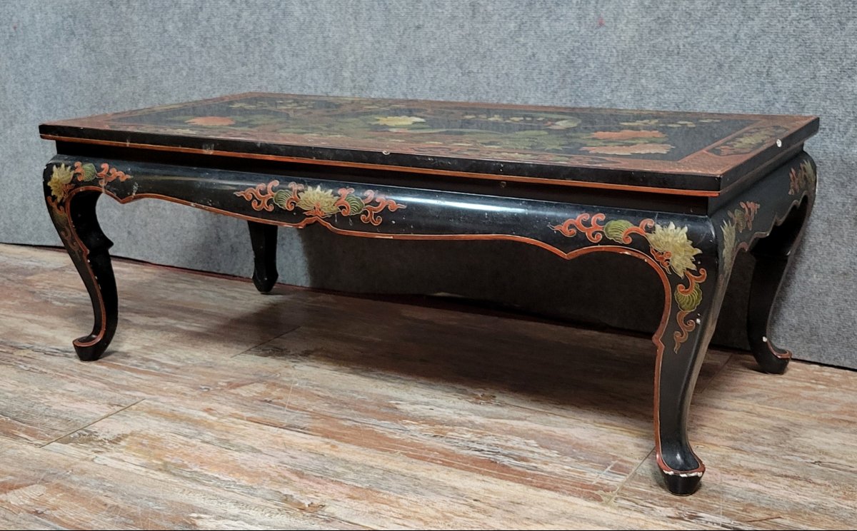 Asie XXeme : table de salon en laque noire a décors d'oiseaux branchés peints et incrustation -photo-2