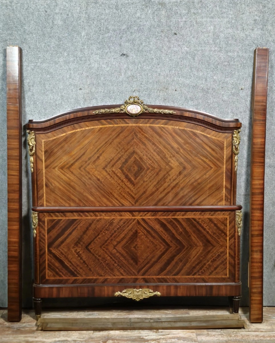 Louis XVI Style Centre Bed In Speckled Mahogany And Gilded Bronzes Circa 1880