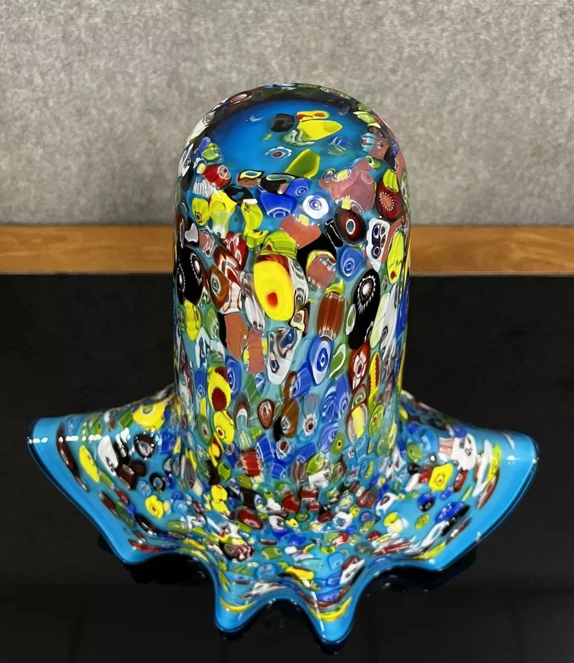 Venise vers 1980 : Grand vase "octopusy" en verre millefiori a fond bleu-photo-3