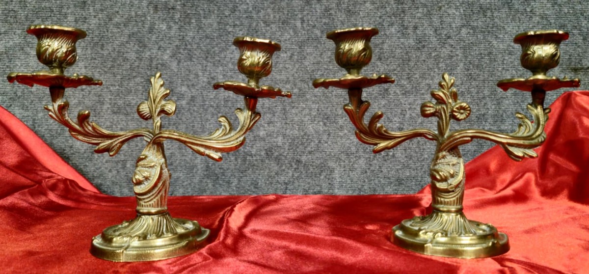 Louis XV Rococo Style Gilt Bronze Candlesticks Circa 1900