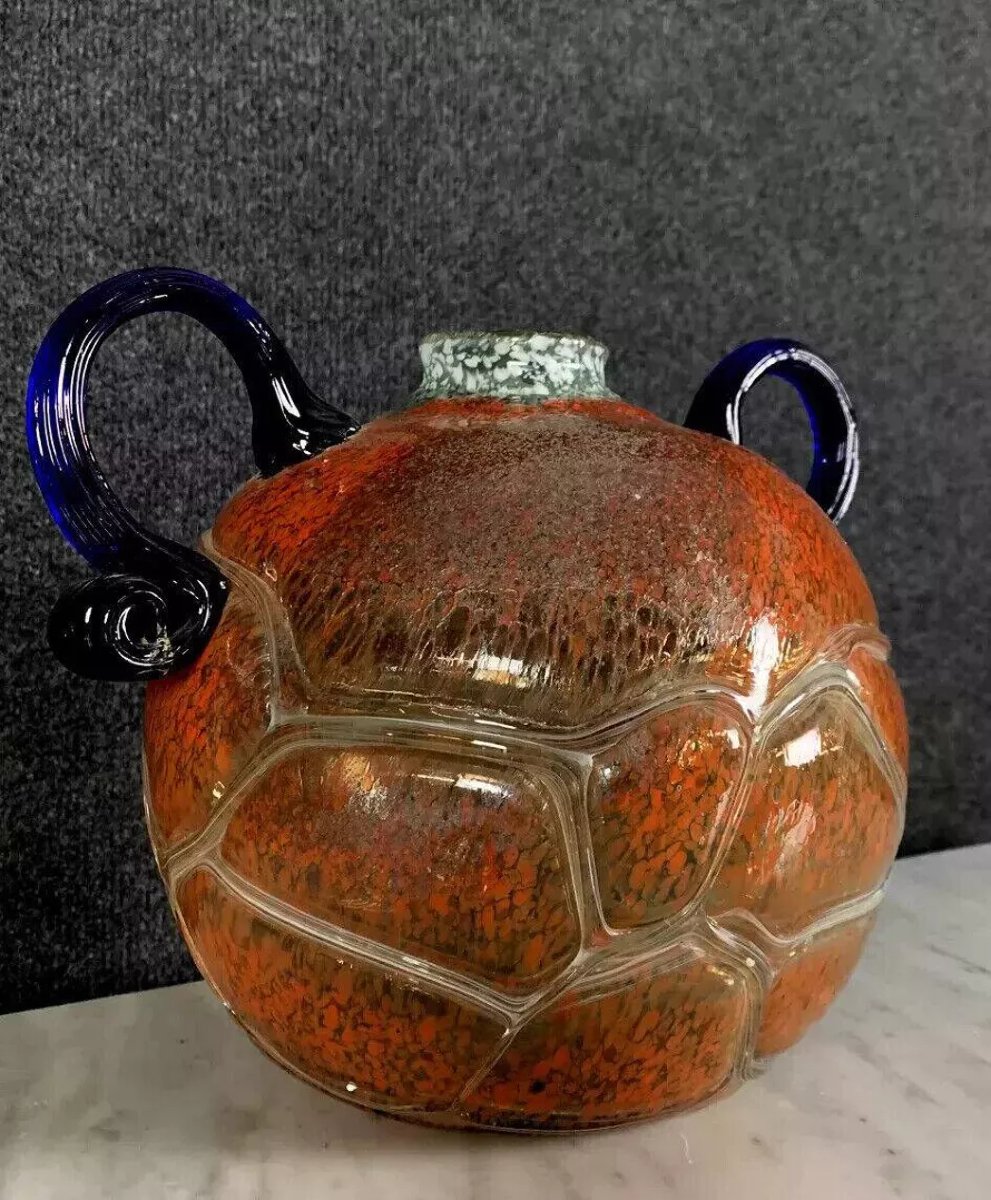 Important Vase boule en verre soufflé à deux anses en pate de verre époque Art Déco  -photo-2