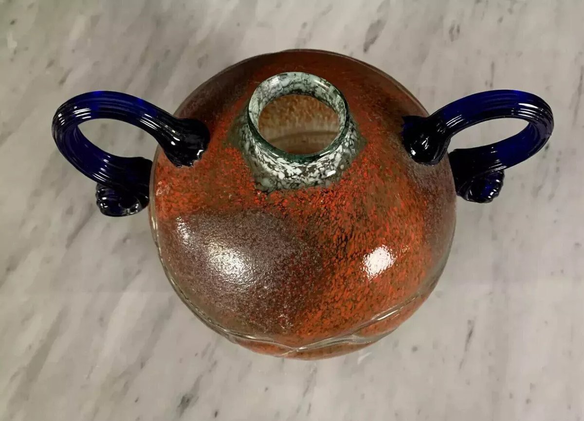 Important Vase boule en verre soufflé à deux anses en pate de verre époque Art Déco  -photo-6