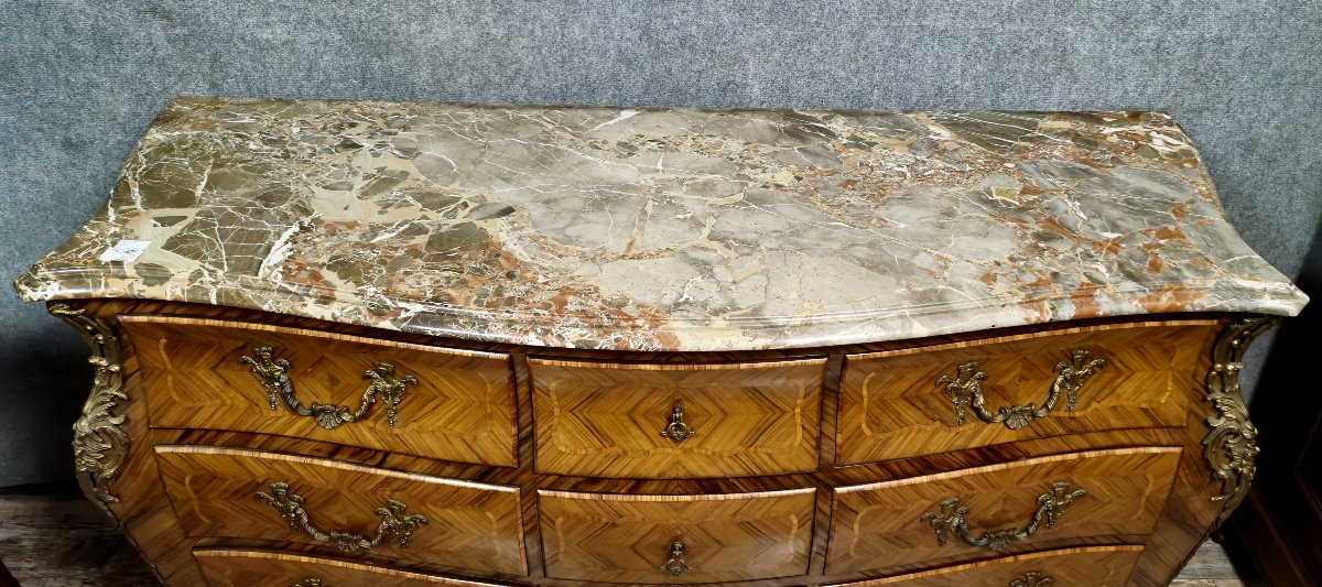 Very Large Curved Louis XV Style Chest Of Drawers In Marquetry -photo-1