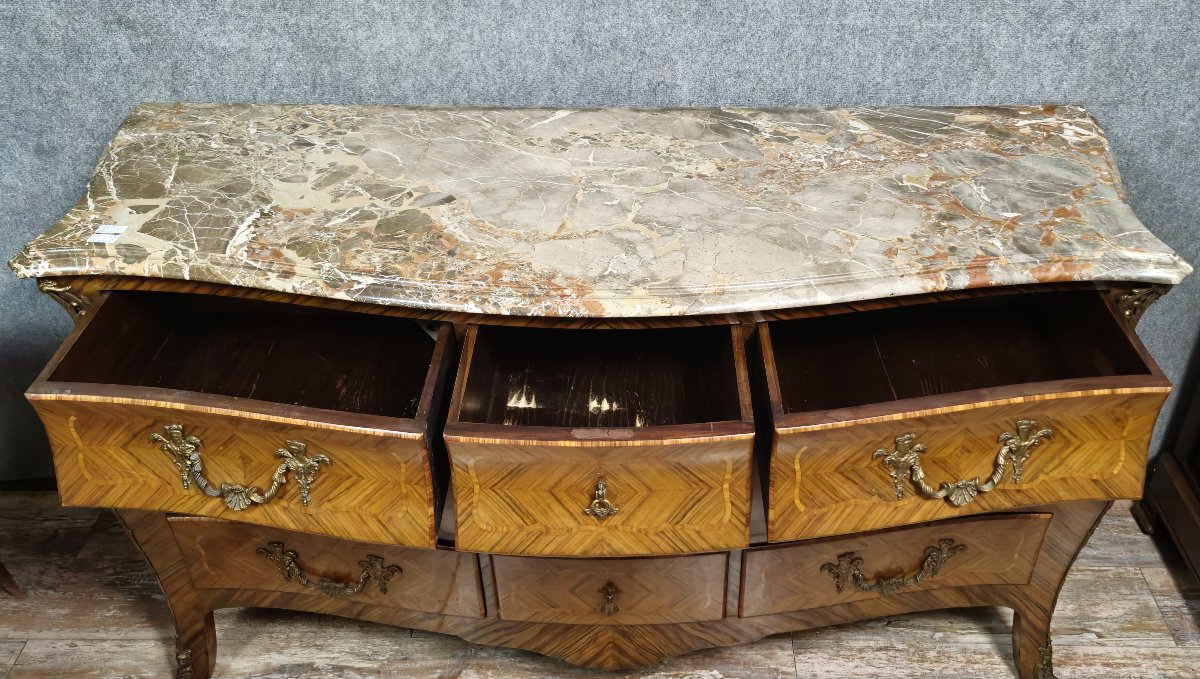 Very Large Curved Louis XV Style Chest Of Drawers In Marquetry -photo-2