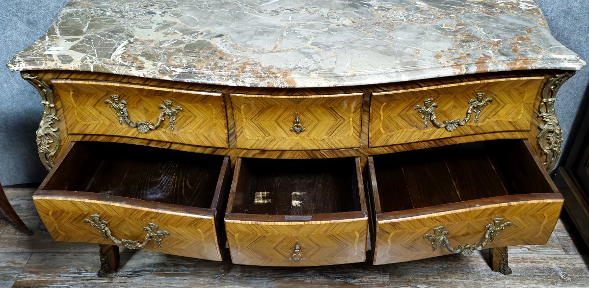 Very Large Curved Louis XV Style Chest Of Drawers In Marquetry -photo-3