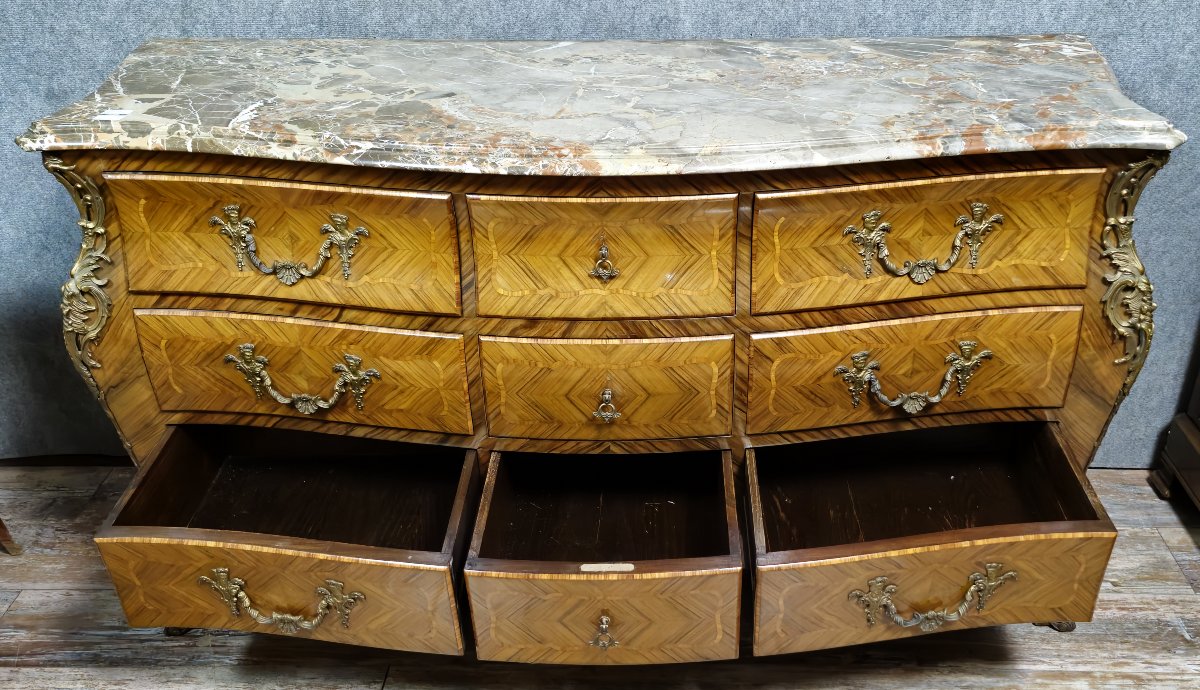 Very Large Curved Louis XV Style Chest Of Drawers In Marquetry -photo-4