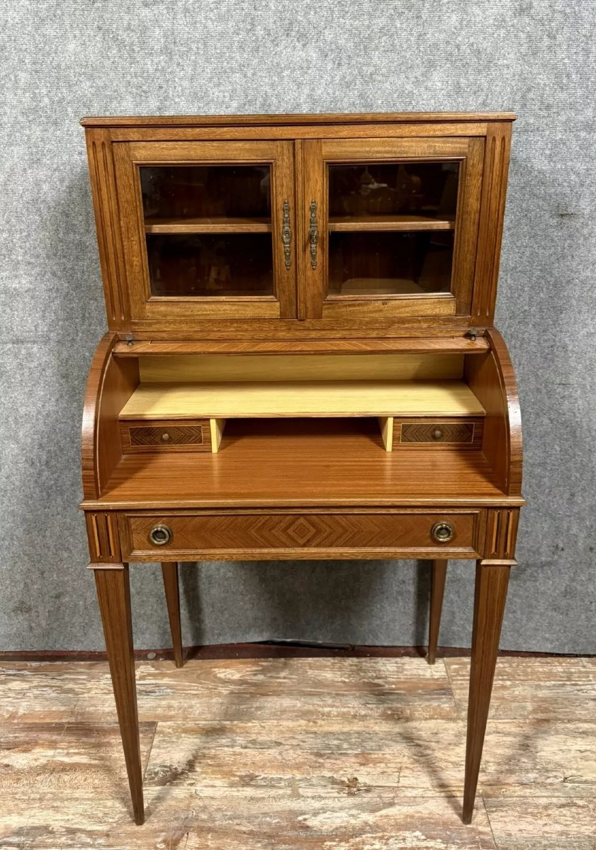 Cylinder Desk Topped With A Louis XVI Style Marquetry Display Case -photo-3