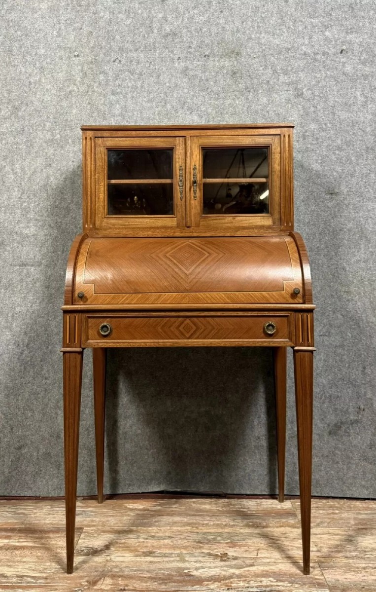 Cylinder Desk Topped With A Louis XVI Style Marquetry Display Case 