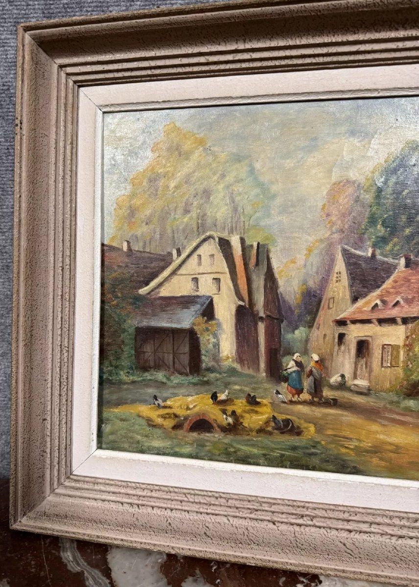 P. Guivalot : Tableau huile sur toile paysage rural animé signé et daté 1956-photo-2