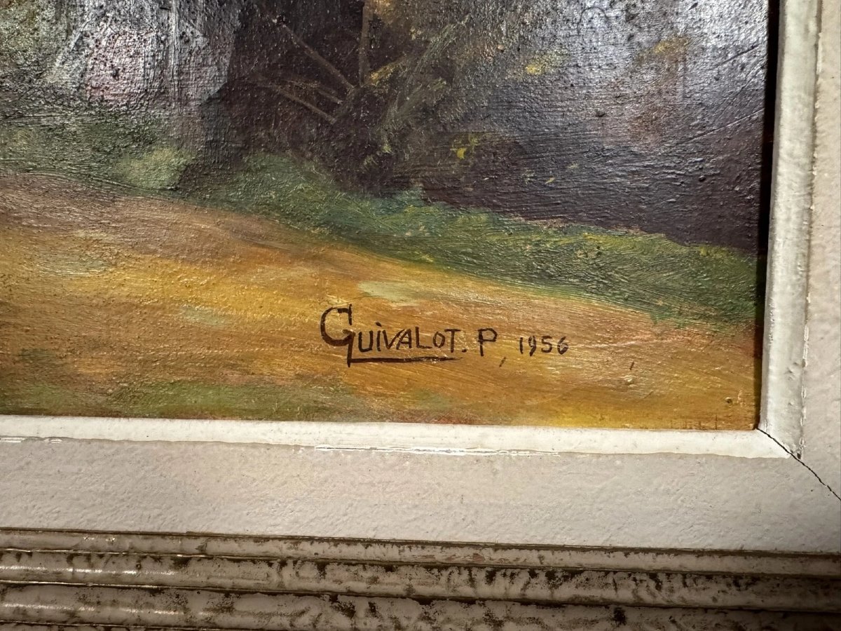 P. Guivalot : Tableau huile sur toile paysage rural animé signé et daté 1956-photo-4