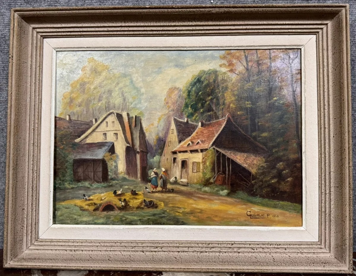 P. Guivalot : Tableau huile sur toile paysage rural animé signé et daté 1956