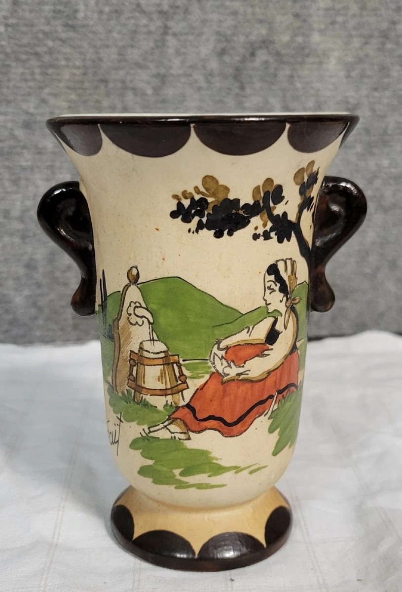 Hendaye Gaitaud: Vase With Basque Decoration Signed Under The Heel