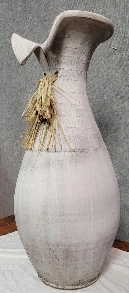 Vintage Whitewashed Pottery And Wicker Vase Circa 1980-photo-1