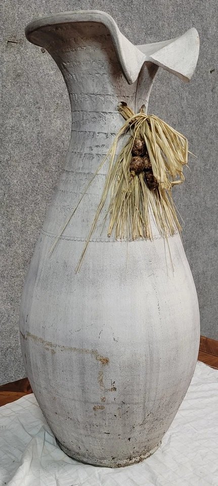 Vintage Whitewashed Pottery And Wicker Vase Circa 1980-photo-2