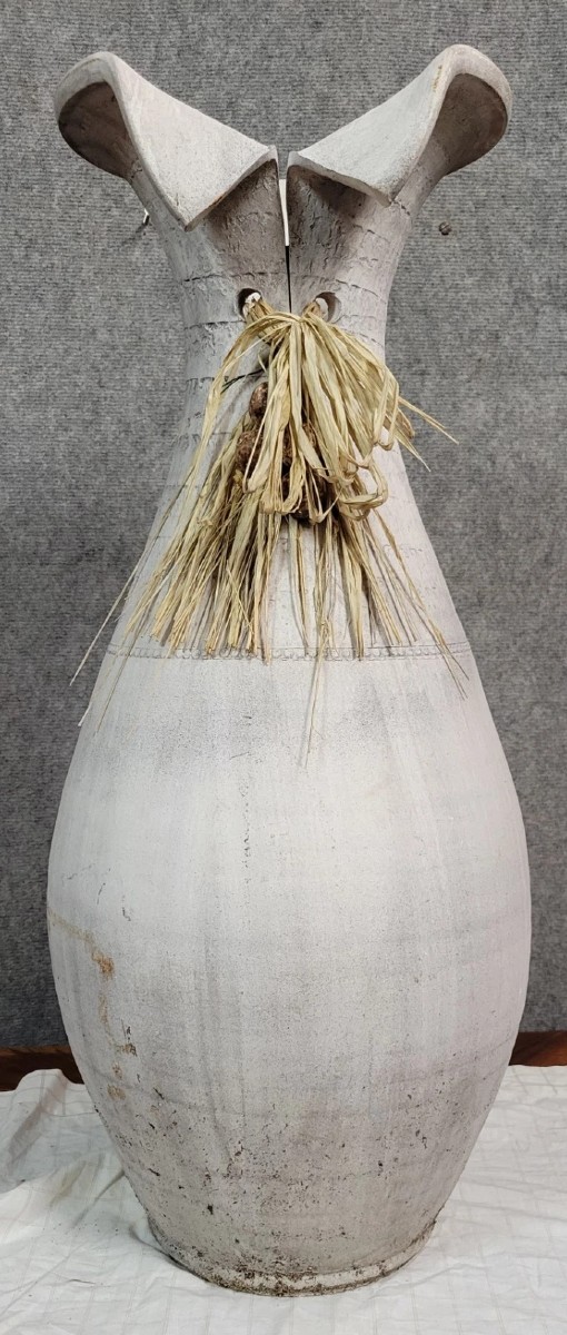 Vintage Whitewashed Pottery And Wicker Vase Circa 1980