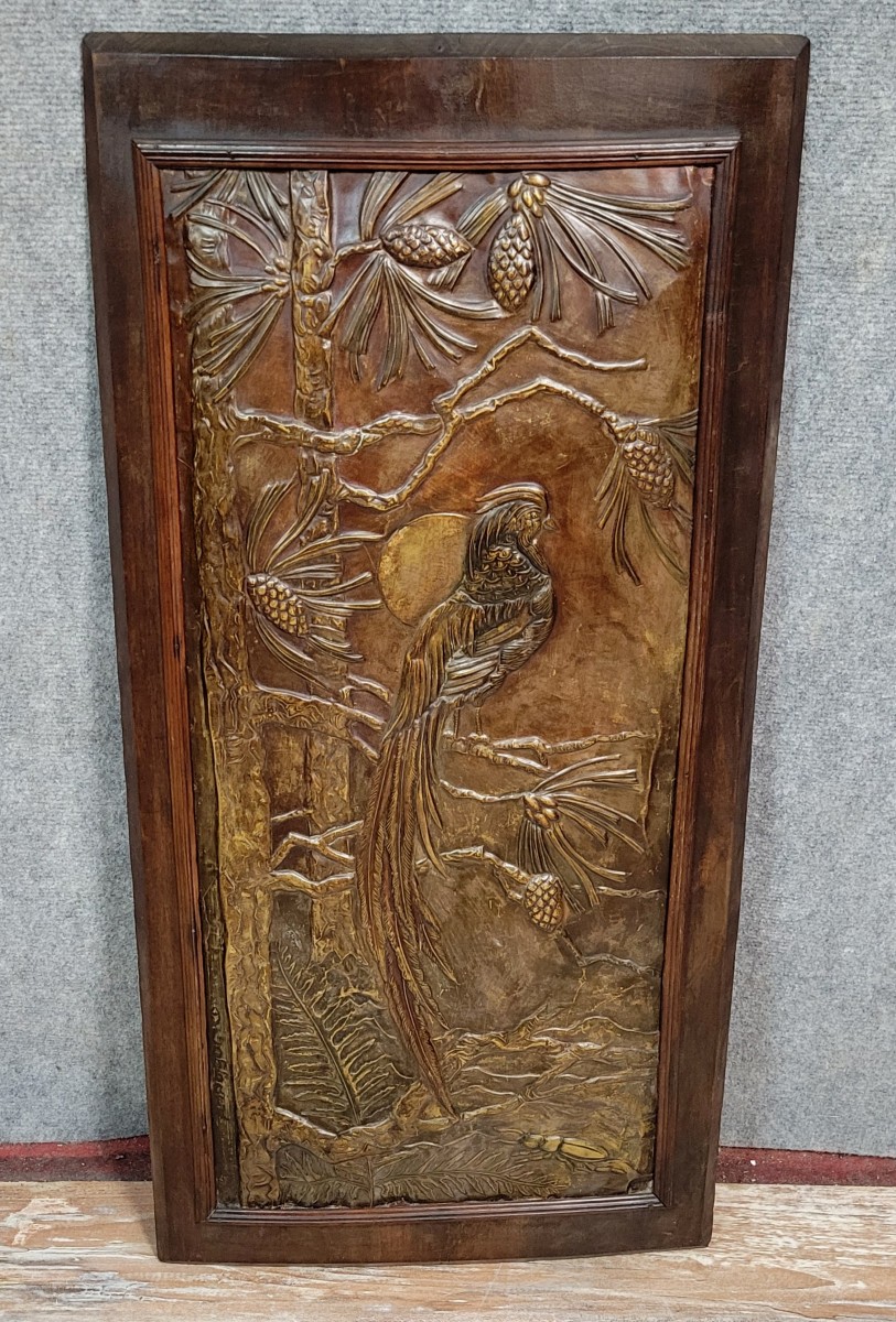 Large Japanese-style Wood Panel / Bas-relief In Embossed Copper 